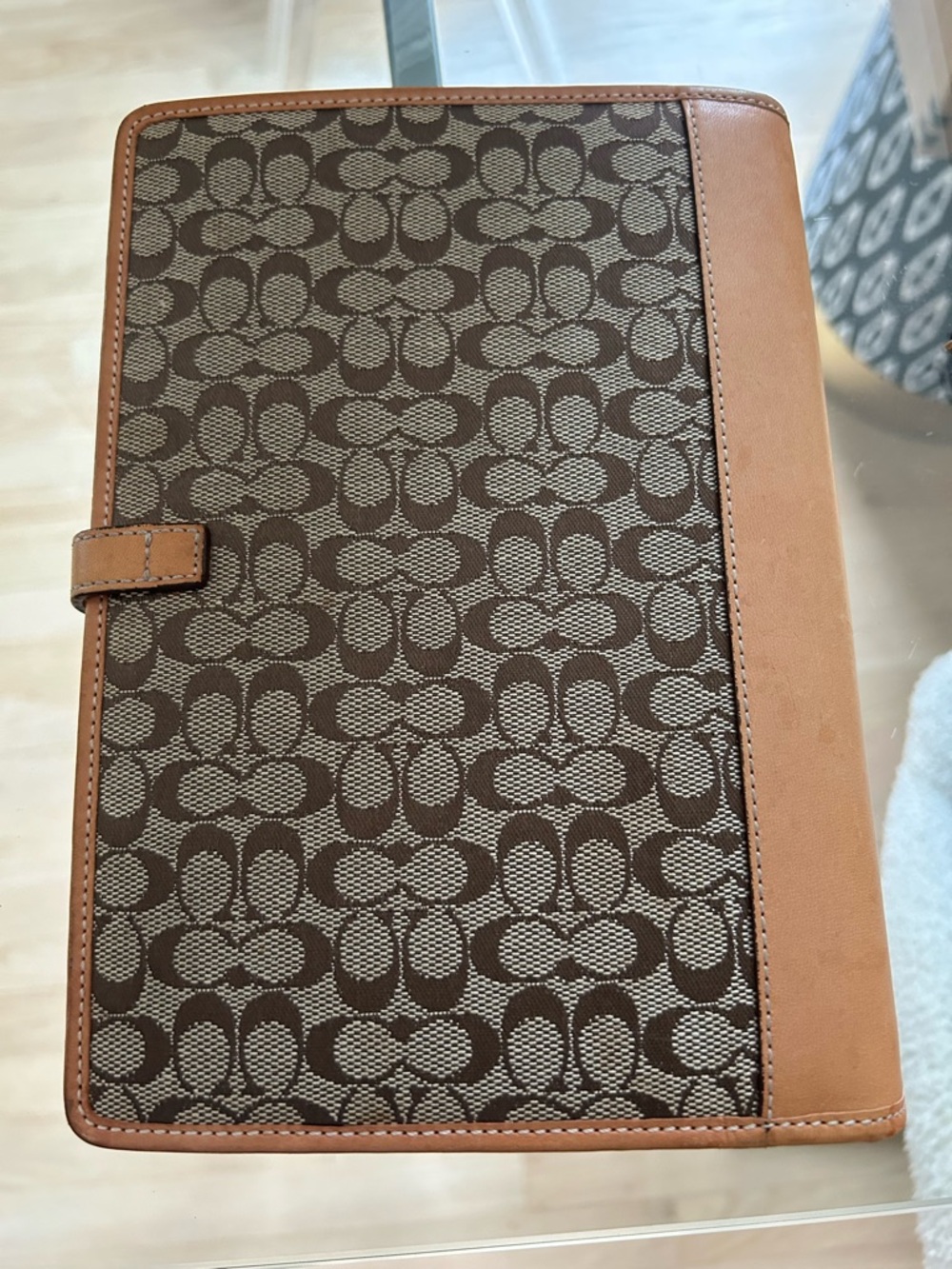 Coach Mini C Signature Canvas planner with Tan Leather Trim